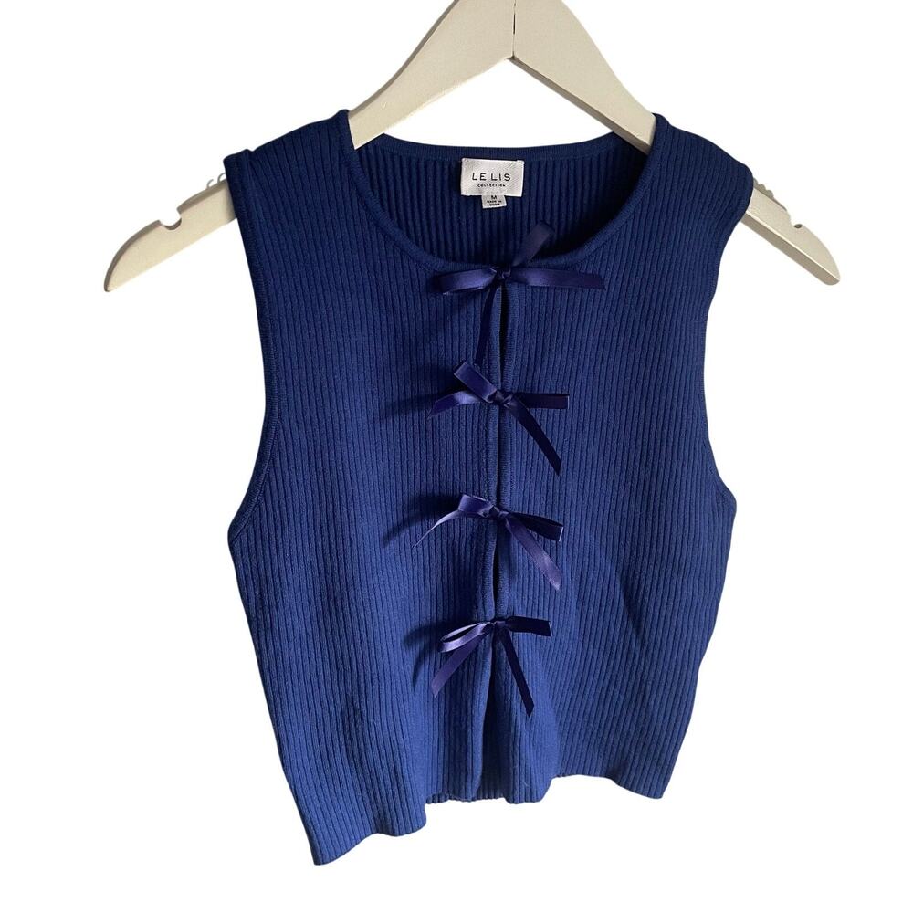 Lelis Collection Cobalt Blue Sleeveless Coquette Bow Ribbed Tank Top size Medium - Picture 2 of 8
